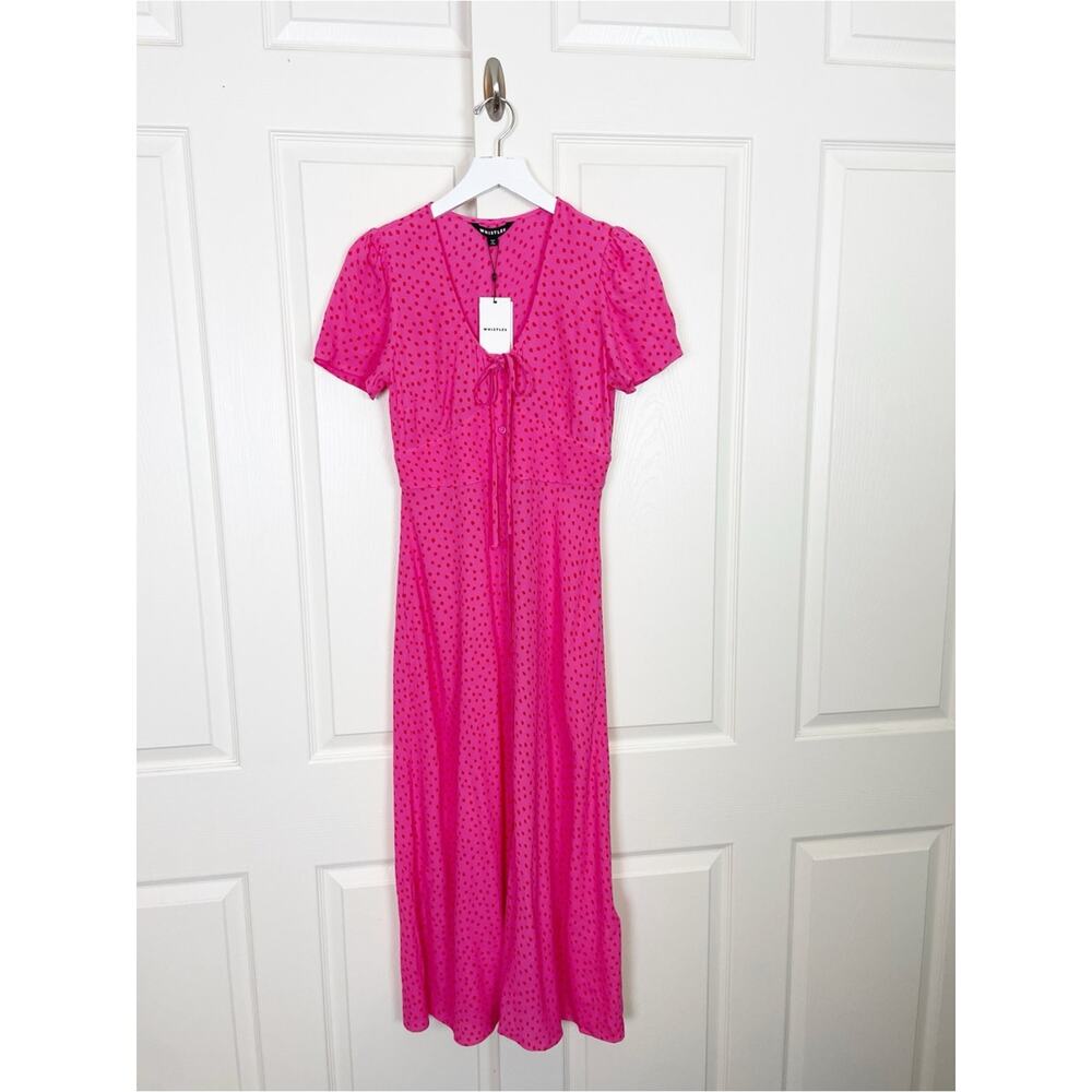 Whistles Heidi Polka Dot Midi Dress Pink Red Spot Print Viscose NWT Sz 4 - Picture 4 of 12